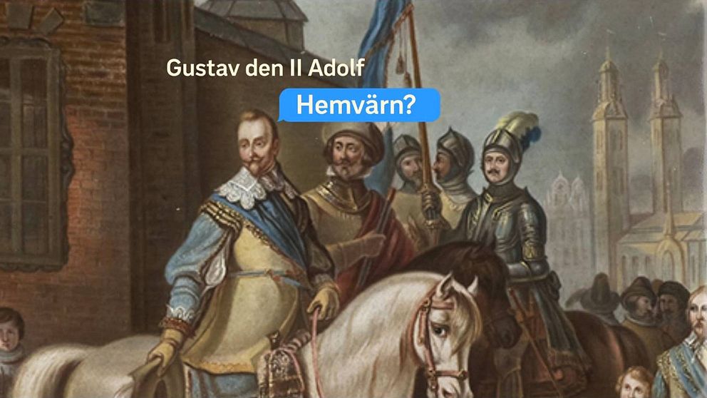 En målad blid på Gustav den II Adolf som sitter på en vit häst.