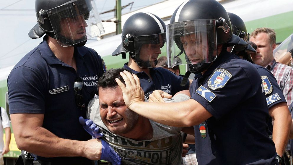 Kaotiska scener när polis ingrep mot flyktingar i dern ungerska staden Biscke.