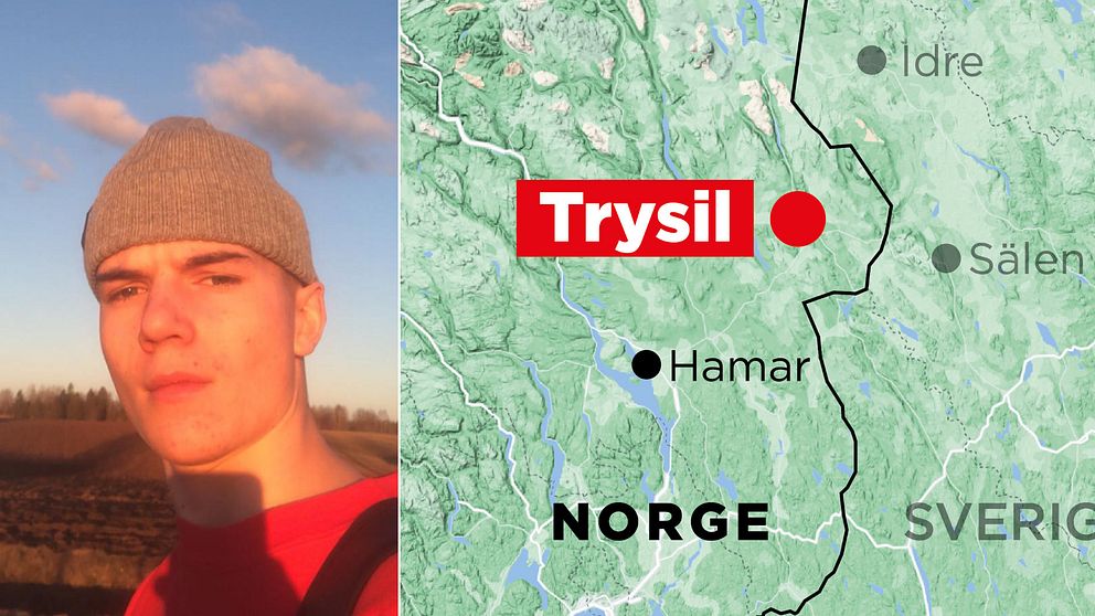 Delad bild med två sektioner: vänstra sektionen visar en oskarp person i en utomhusmiljö med blå himmel och moln. Högra sektionen är en karta som markerar platsen Trysil i Norge, nära gränsen till Sverige, med närliggande orter som Hamar, Idre och Sälen.