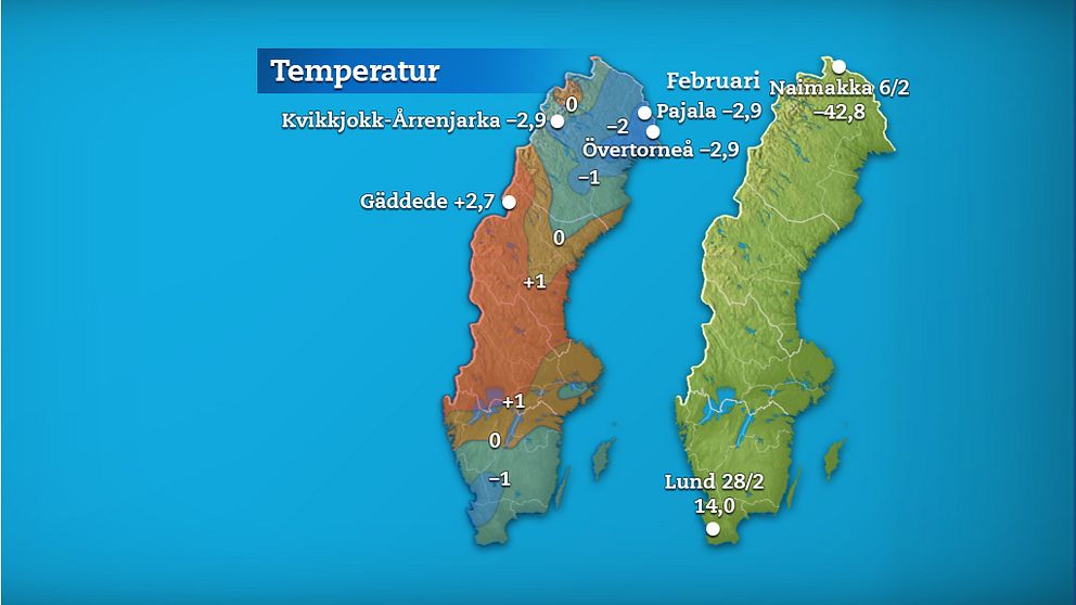 Till vänster månadens medeltemperatur jämfört med referensperioden 1961-1990 (och de stationer som fick störst/minst över/underskott). Till höger månadens högsta och lägsta temperatur.