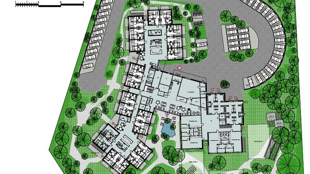 Ritning över boende. Byggnaden innehåller 40 lägenheter, en förskoledel och flera gemensamma utrymmen.