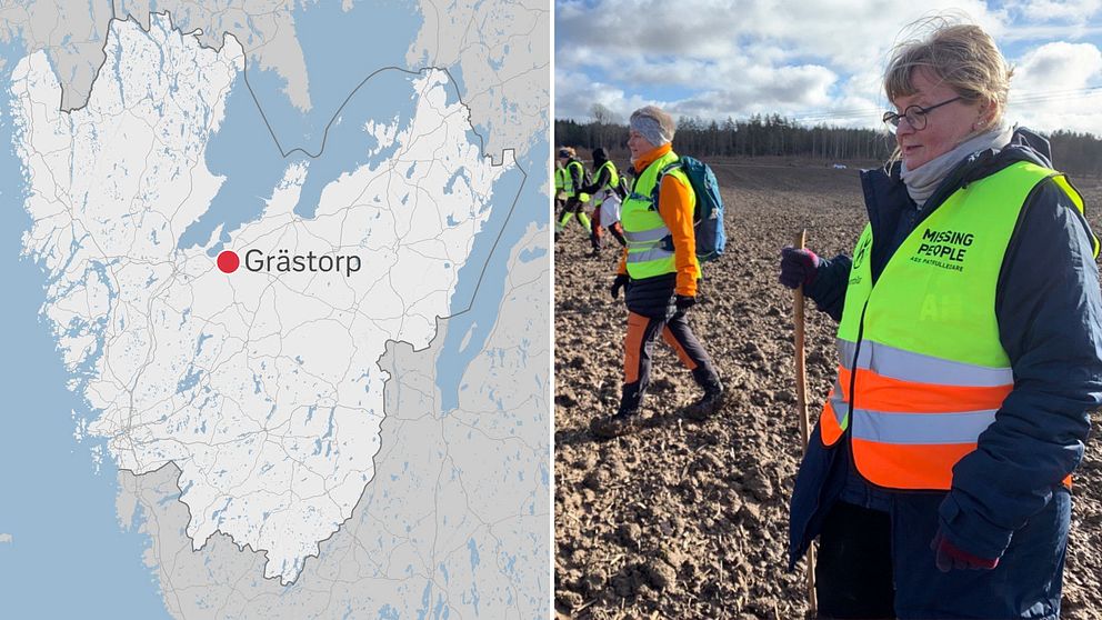 Till vänster en karta som visar var Grästorp ligger, till höger en bild på en grupp av människor i neongula västar som går över en åker.