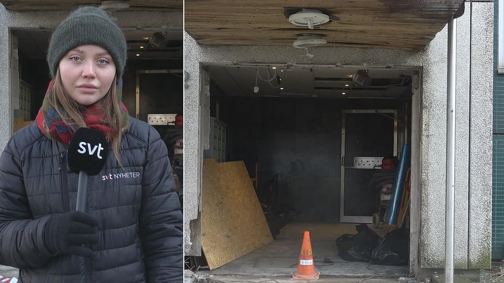 Bild på Ida Roos, stående vid en husentré som saknar dörr. Bitr av innertaket är borta och plywoodskivor finns framme som ska täcka fönster.