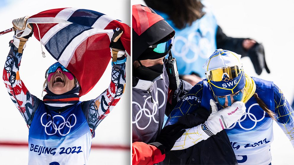 Therese Johaug jublar medan Ebba Andersson deppar efter målgång.