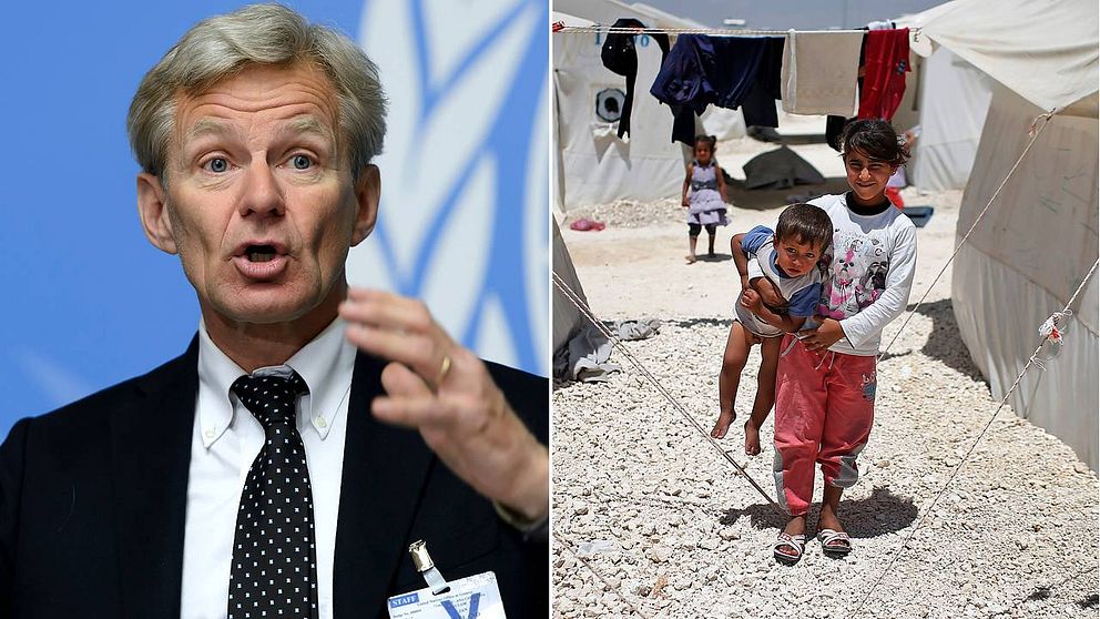 Jan Egeland och syriska flyktingbarn i ett flyktingläger på den turk-syriska gränsen.