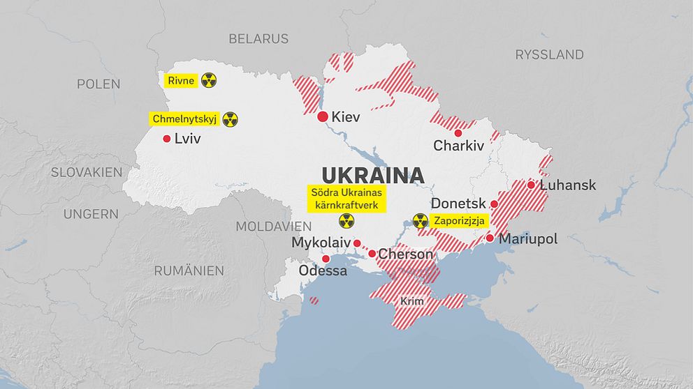 Karta över Ukraina med Kärnkraftverken markerade