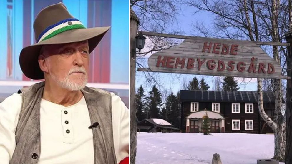 Ewert Ljusberg – äldre man i filthatt med ”Republiken Jämtlands” färger blått, vitt, grönt på bandet. Samt träskylt vid Hede Hembygdsgård.