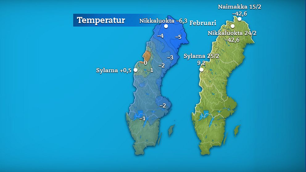 Till vänster månadens medeltemperatur jämfört med referensperioden 1961-1990 (och de stationer som fick störst/minst över/underskott). Till höger månadens högsta och lägsta temperatur.