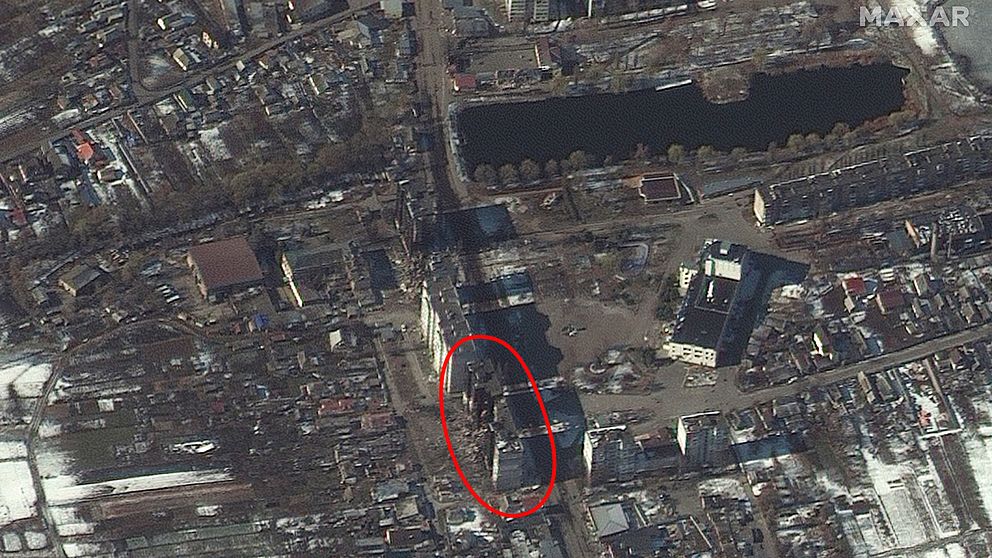 Förstörda höghus i Borodyanka, nordväst om Kiev, Ukraina.