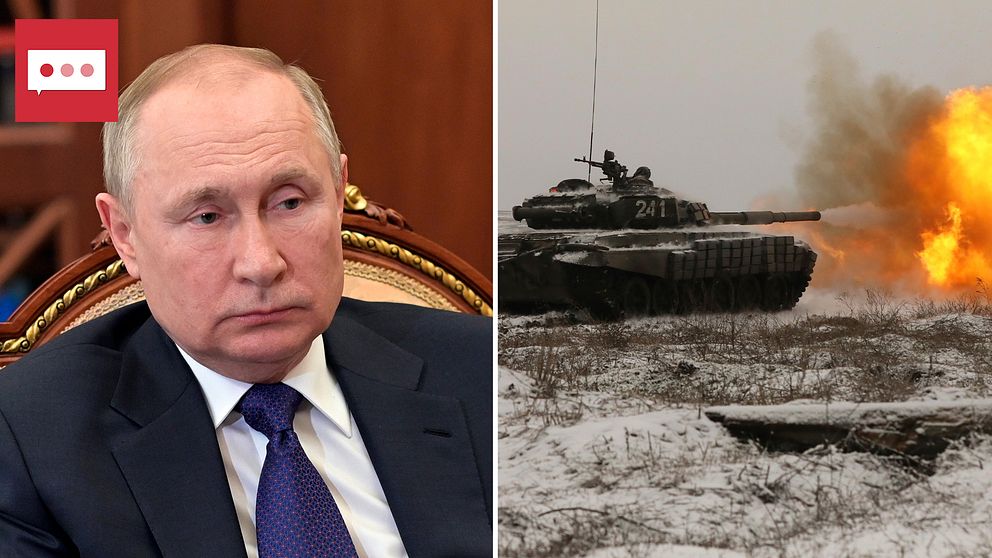 Bild på Putin och bild på pansarvagn som skjuter.