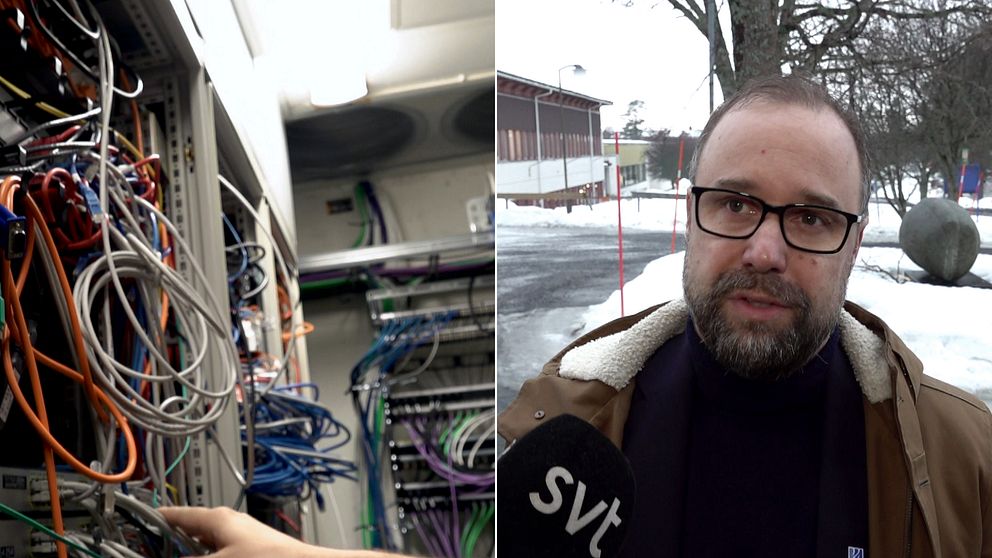 En hylla med servrar och sladdar och en man med glasögon som intervjuas av svt.