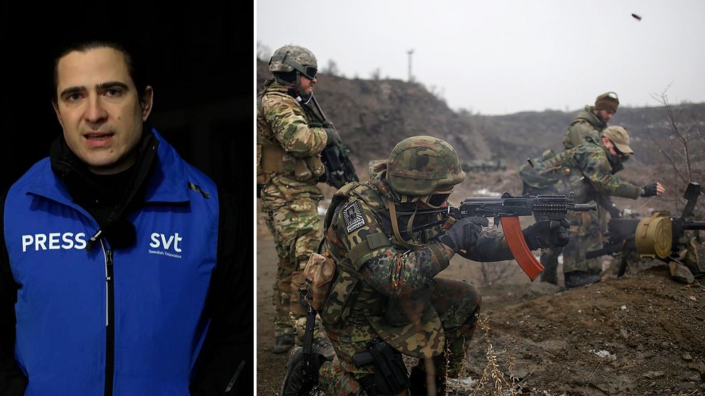 Till vänster: Utrikesreporter Carl Fridh Kleberg. Till höger: arkivbild från 2015 när Azovbataljonen tränar nära Mariupol.
