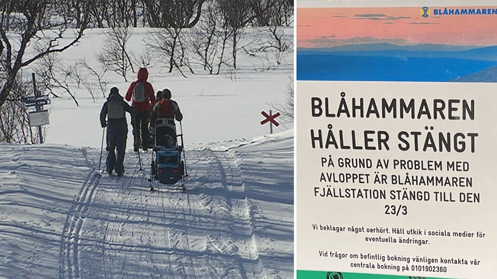 vy över stugor på fjällstationen en vårvinterdag, samt närbild på plakat om att Blåhammaren håller stängt