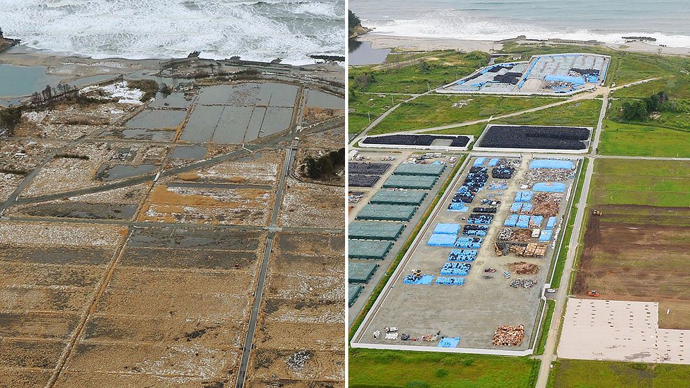 Ett industri-distrikt i Nahara direkt efter tsunamin och till höger den återuppbyggda versionen.