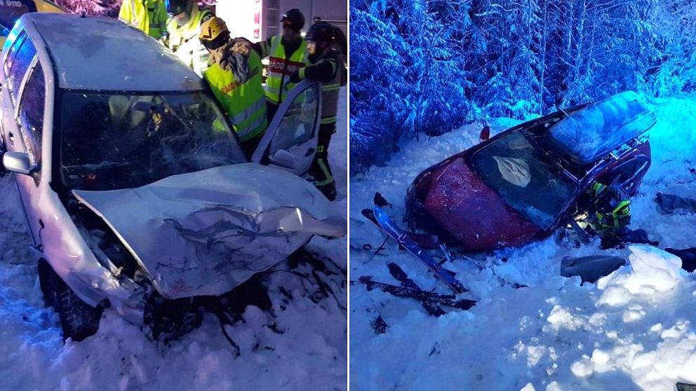 Delad bild. Till vänster grå bil med intryckt front. Räddningspersonal vid bilen. Till höger röd bil med takbox i diket.