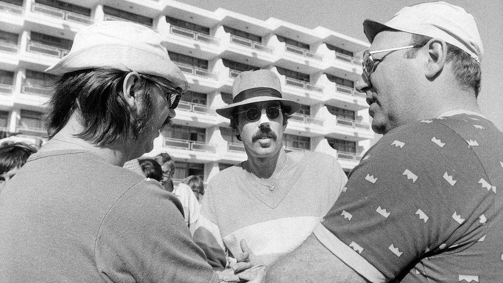 Från inspelningen av Sällskapsresan i San Agustin på Gran Canaria 1980. F.v. Sven Melander, Lasse Åberg och Weiron Holmberg.