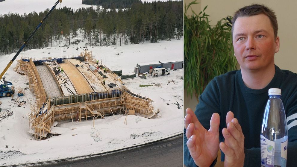 Byggnationen av renodukten i Robertsfors. Tobias Jonsson (t.h) hoppas att den ska underlätta mycket för rennäringen.