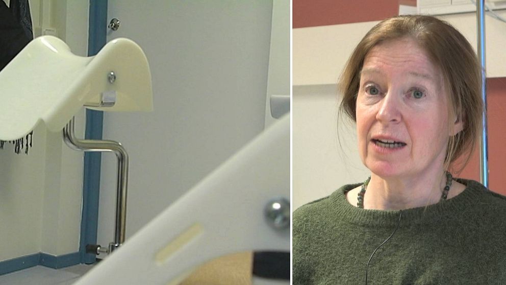 detaljbild från rum på gynekologmottagning, samt Kristina Nordquist – en medelålders kvinna som intervjuas