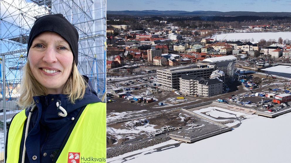 En person står i en säkerhetsväst med en byggnad och en stadsbild i bakgrunden. Till höger visas en översiktsvy av en stad med flera byggnader, gator och snöiga områden, vilket visar en modern stadsstruktur omgiven av natur.