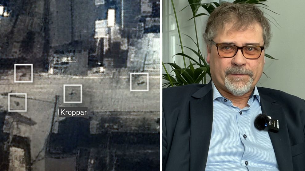 Tvådelad bild. Vänster: Satellitbild med markerade rutor. Höger: Person i kostym inomhus.
