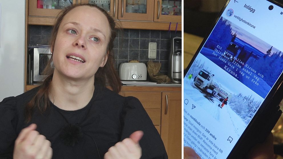 en kvinna som sitter i ett kök och pratar, samt närbild på mobilskärm som visar instagraminlägg