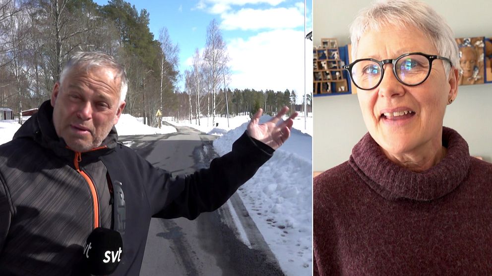 SVT:s reporter Berno Jonsson pekar med hela handen för att visa vad som erbjuds i Robersfors kommun, till höger äldre- och handikappomsorgschef Ewy Andersson i svartbågade glasögon och ljust hår