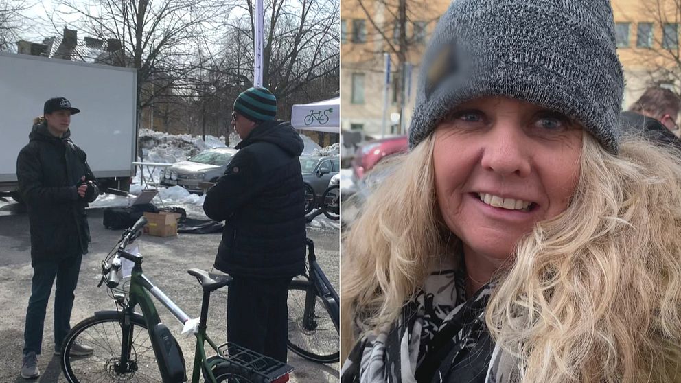 Till vänster syns två män och till höger en kvinna i grå mössa.