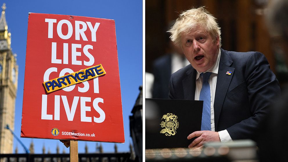 Protestskylt och arkivbild på Boris Johnson.