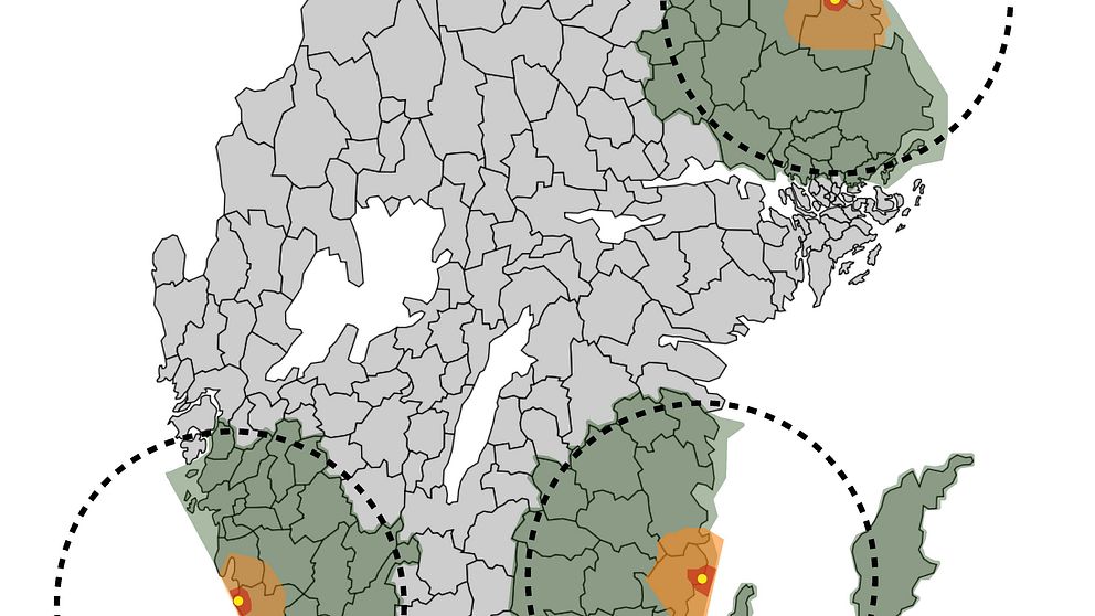 Karta över beredskapszoner i Sverige.