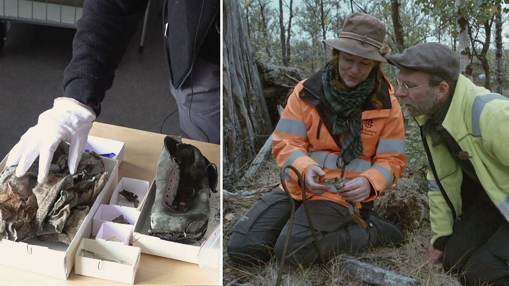 närbild handskklädd hand  som rör gamla föremål i kartonger, samt kvinna och man sitter i skogen och tittar på ett föremål