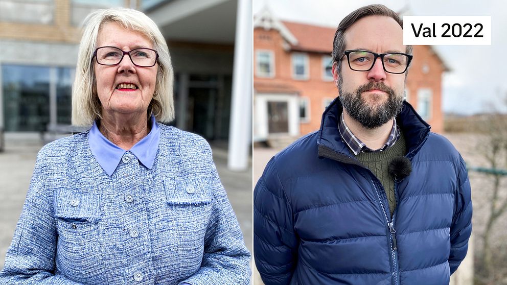 Ulla-Britt Hagström utanför Regionens hus i Skövde till vänster, till höger Jonas Eriksson framför gammal skolbyggnad i Varola