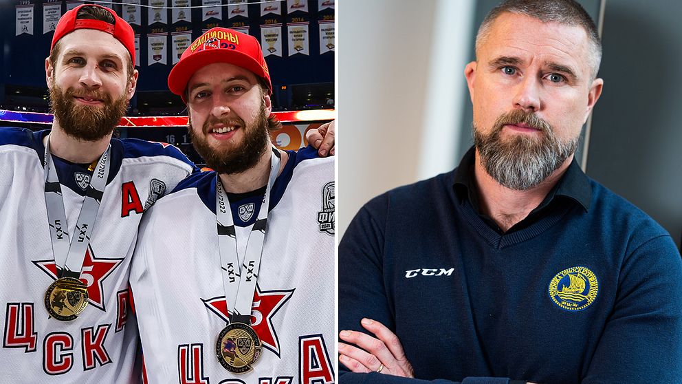 KHL-mästarna Klas Dahlbeck och Adam Reideborn, och förbundets generalsekreterare Johan Stark.