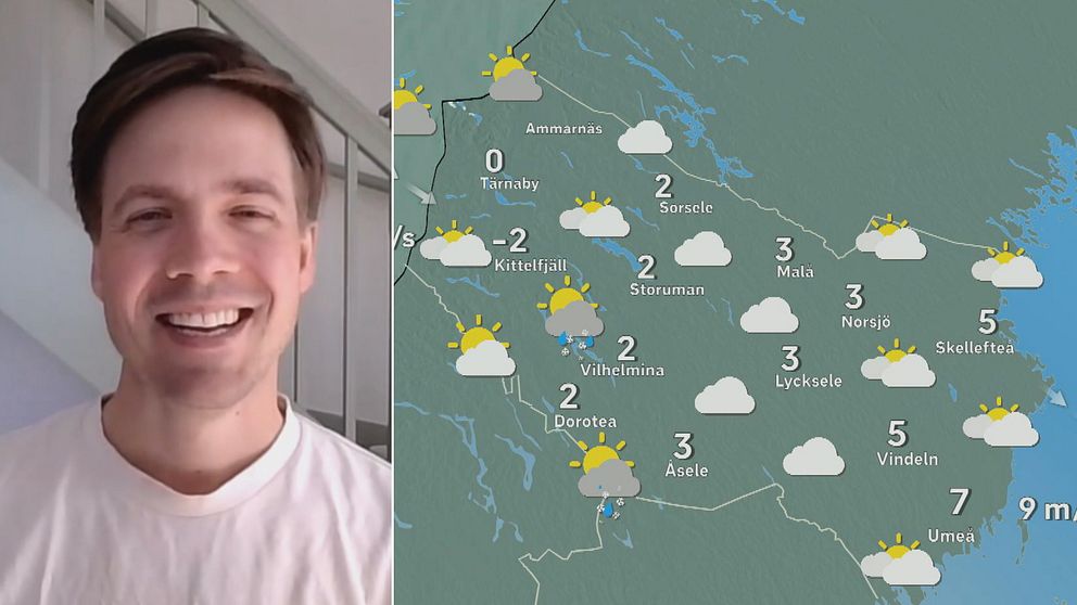Glad kille med vit t-shirt och en karta över Västerbotten med olika väderangivelser.