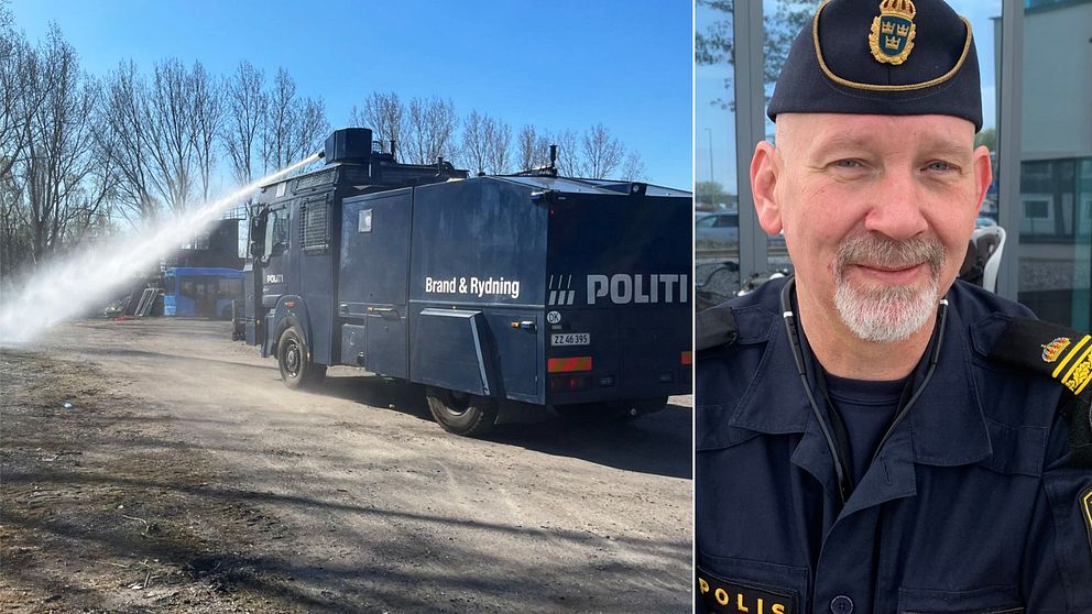 Bild på danska vattenkanonen och  polisinspektör Joakim Karlén.