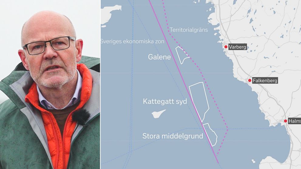 Man med regnjacka, delad bild med grafisk bild över var i havet parkerna planeras