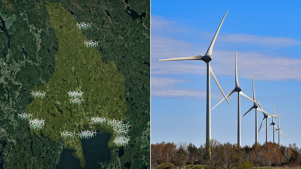 Till vänster en karta som visar vindkraftverk, till höger vindkraftverk på rad.