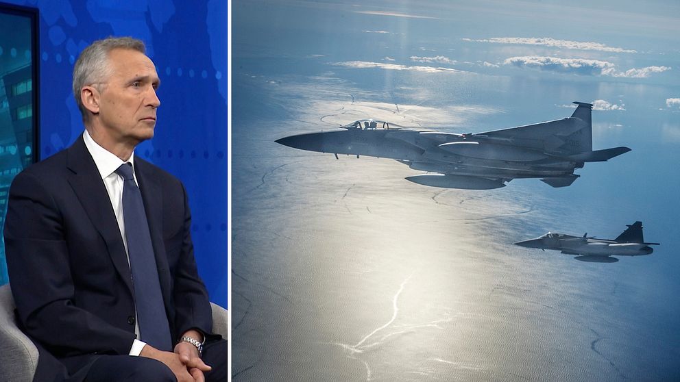 Natos generalsekreterare Jens Stoltenberg syns bredvid en bild av två stridsflygplan som flyger över Östersjön.