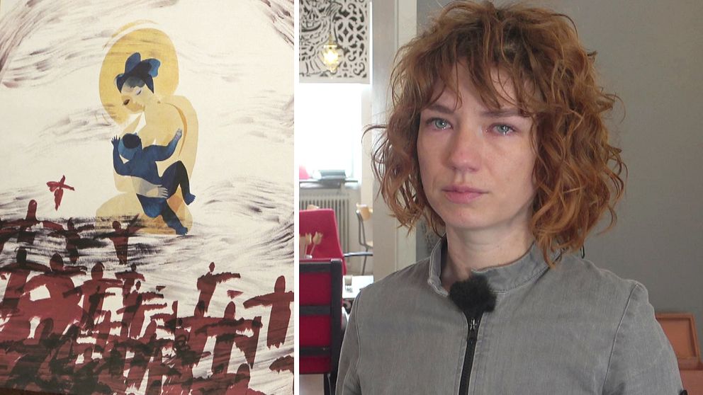 detalj av en målning med kvinna som håller barn, samt porträttfoto på konstnären Olga Yurasova – en tårögd kvinna med rött hår