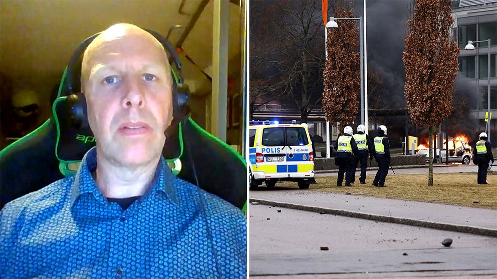 Polisforskaren Stefan Holgersson och arkivbild från upploppen i Norrköping efter Rasmus Paludans demonstration i Linköping i april 2022.