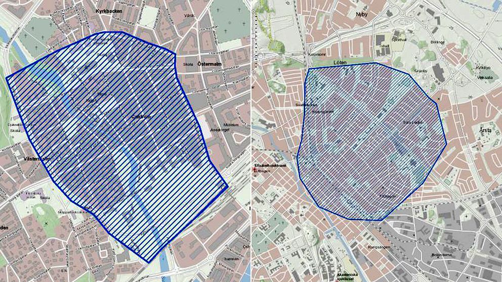 En karta över områden som kan komma att kameraövervakas i Västerås och Uppsala. Visar de centrala delarna
