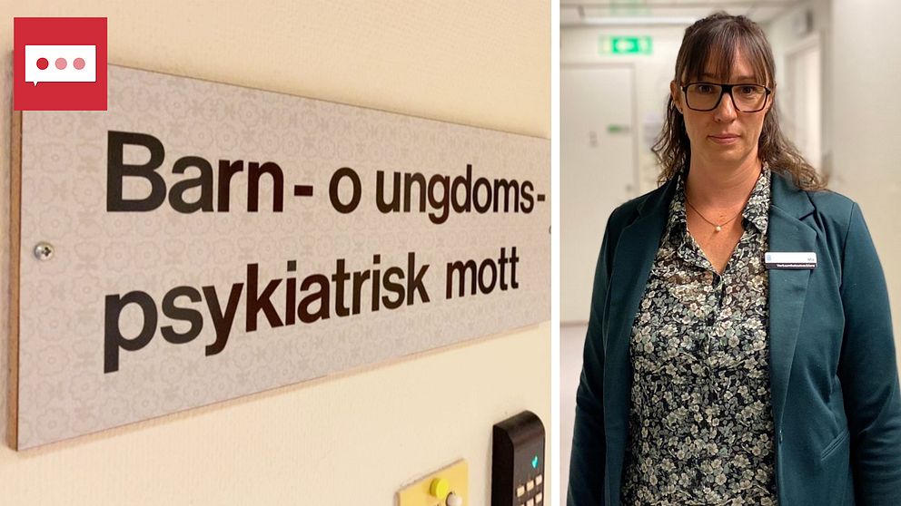 Mia Fridstaden på BUP vid Sundsvalls sjukhus står i korridoren och bredvid finns en skylt där det står barn- och ungdomspsykiatri