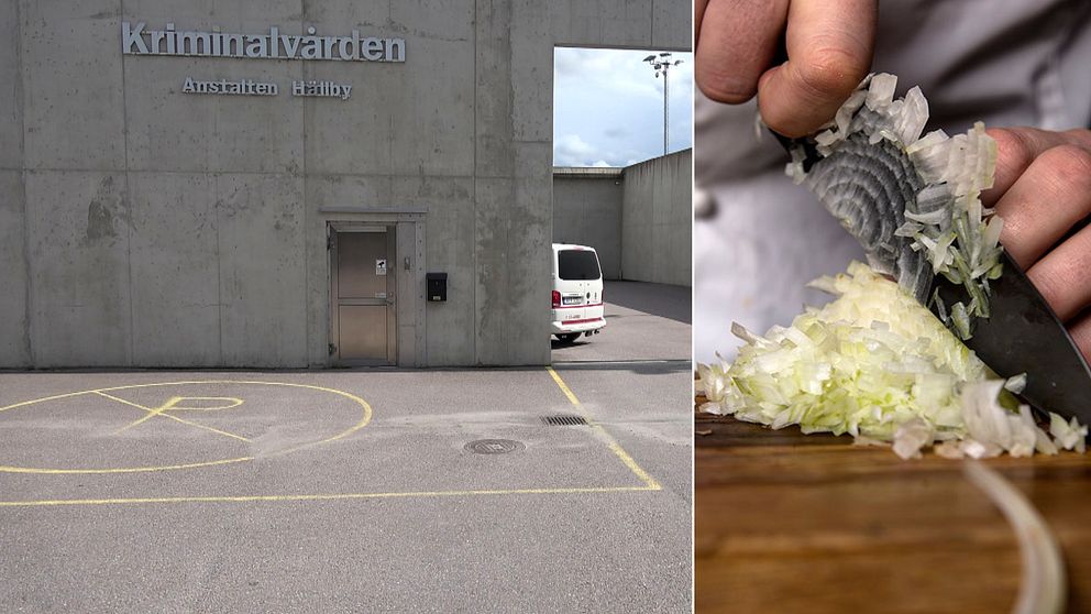 Bilden är delad i två. Den högra bilden är en bild på fasaden till anstalten Hällby och den högra bilden är en bild på två händer som hackar gullök med en kniv.