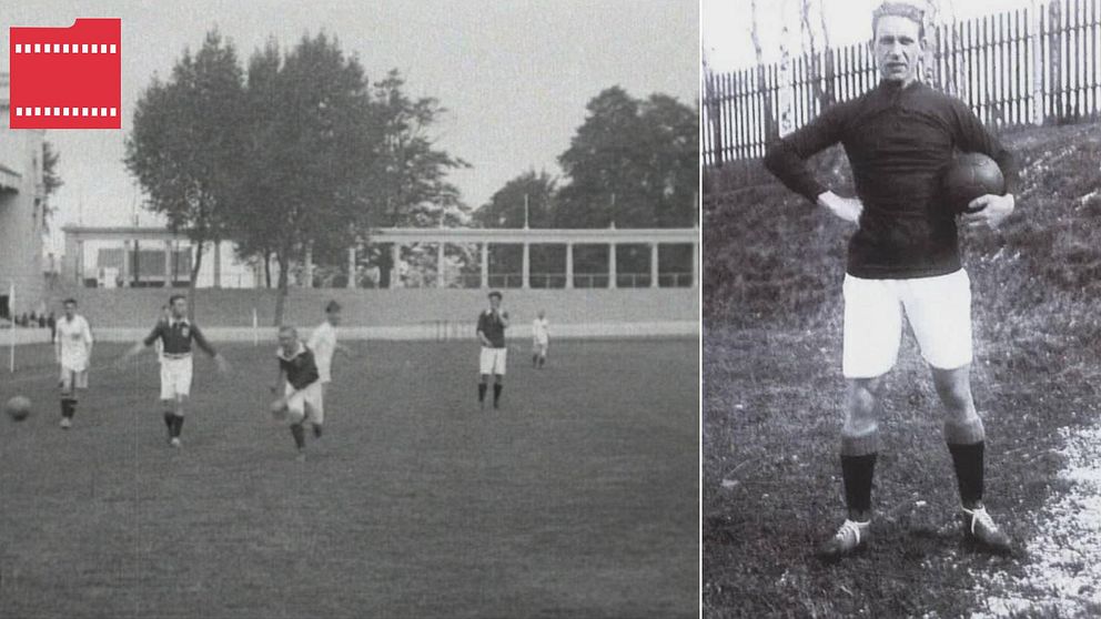 Bilder från fotbollslandskamp på 1920-talet, Karl ”Kalle Köping” Gustafsson i matchkläder med en fotboll under armen. Från SVT:s arkiv.