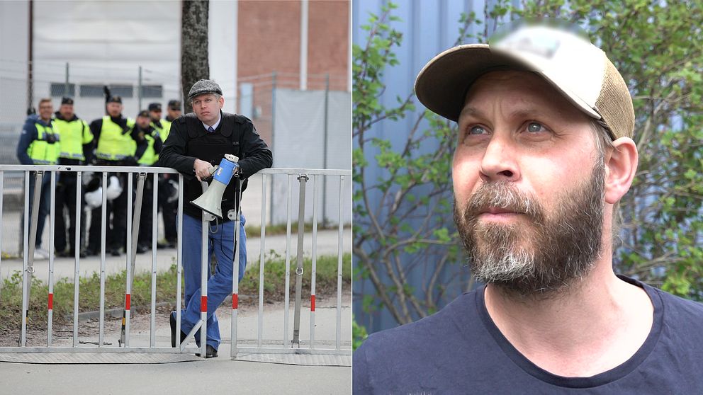 bild på Rasmus Paludan med megafon i handen, delad bild på en man i keps