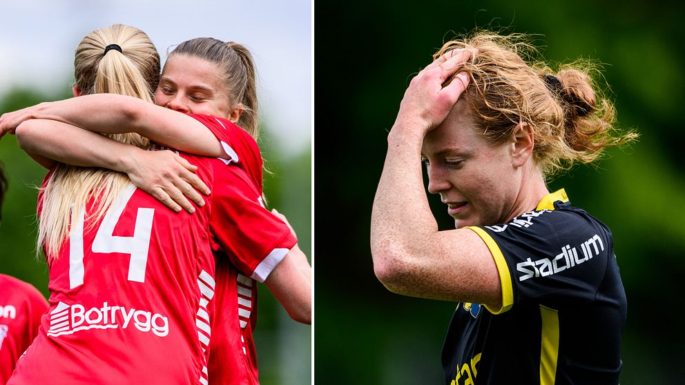 Linköpings Therese Simonsson jublar tillsammans med Amalie Vangsgaard efter ett av målen.