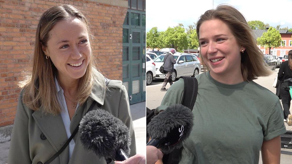 Två bilder på två kvinnor som ler och pratar i en mikrofon.