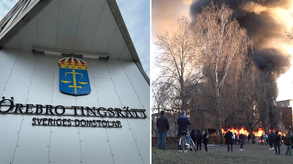 Tvådelad bild: Fasaden till Örebro tingsrätt och en brand under påskupploppen i Örebro 2022.