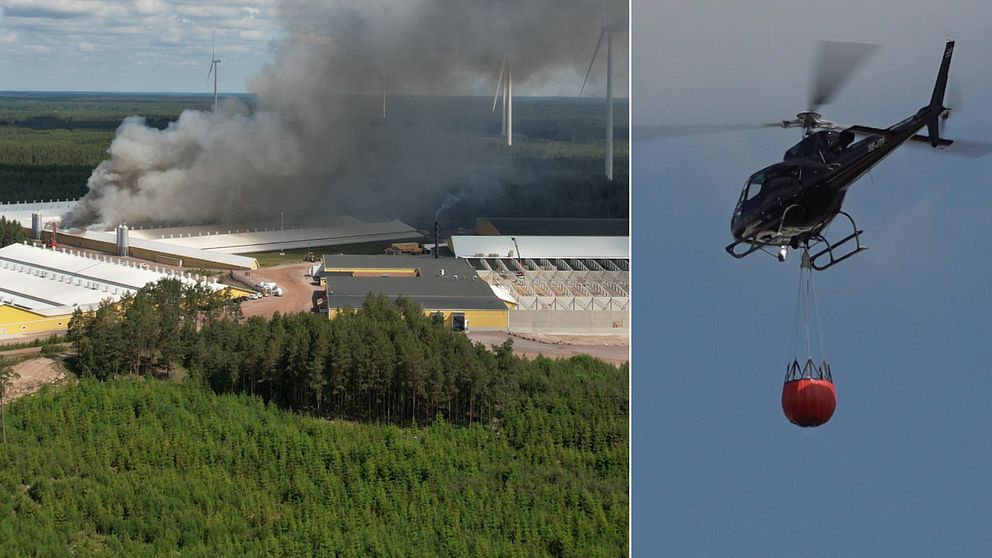 Rök som stiger från en brinnande byggnaden och en helikopter som ska vattenbomba.