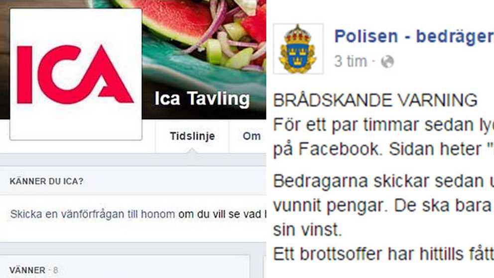 Bedragarnas Facebook-sida använder ICA:s logga på flera ställen