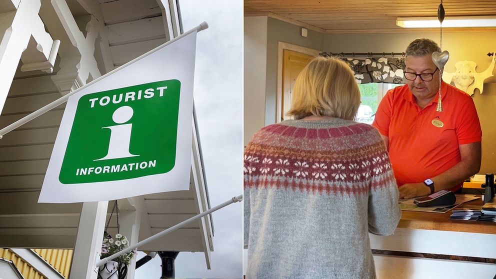 Delad bild – till vänster en bild på en grön-vit flagga som visar att det är en turistbyrå. Till höger en bild inne vid en reception, där en kvinna står och ska betala.